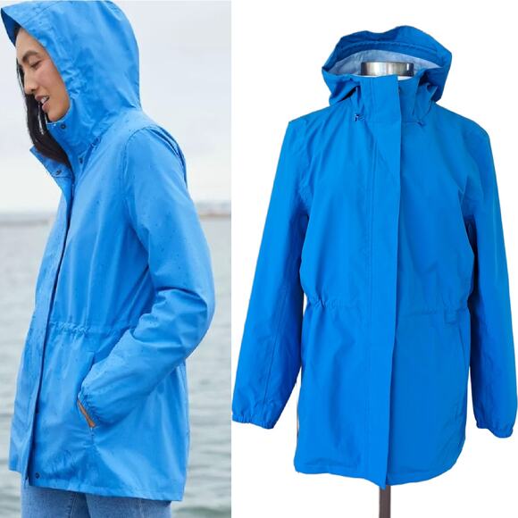 LANDS END Squall Waterproof Hooded Packable Jacket Raincoat Medium Petite Blue - Picture 1 of 14
